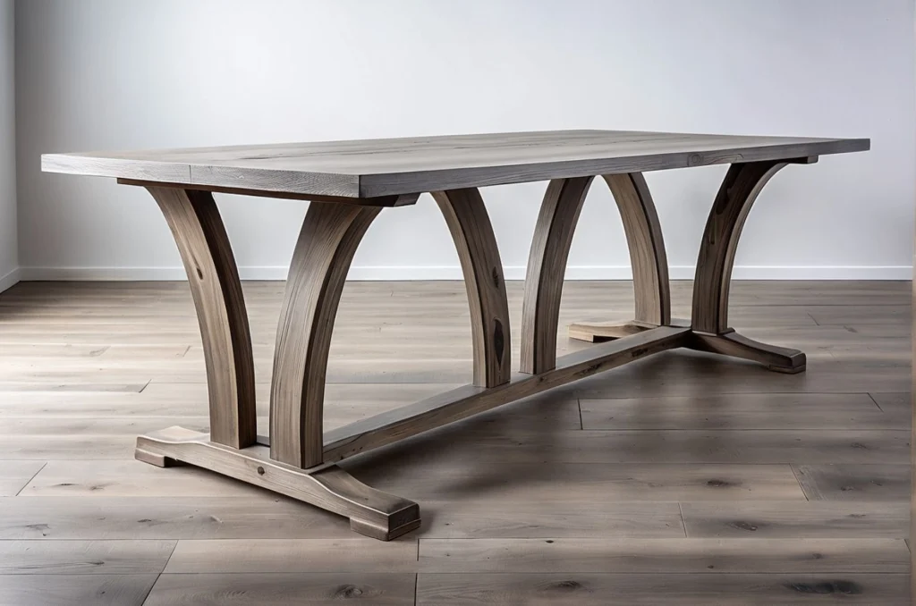 Ett vackert och stilrent matbord i massivt trä, med vackert utformade bågar i underredet - en tidlös och elegant design. Finns två olika modeller av underrede, med eller utan benen i mitten under bordsskivan. Modellen heter Sarek - från Nordanlids Rustik.