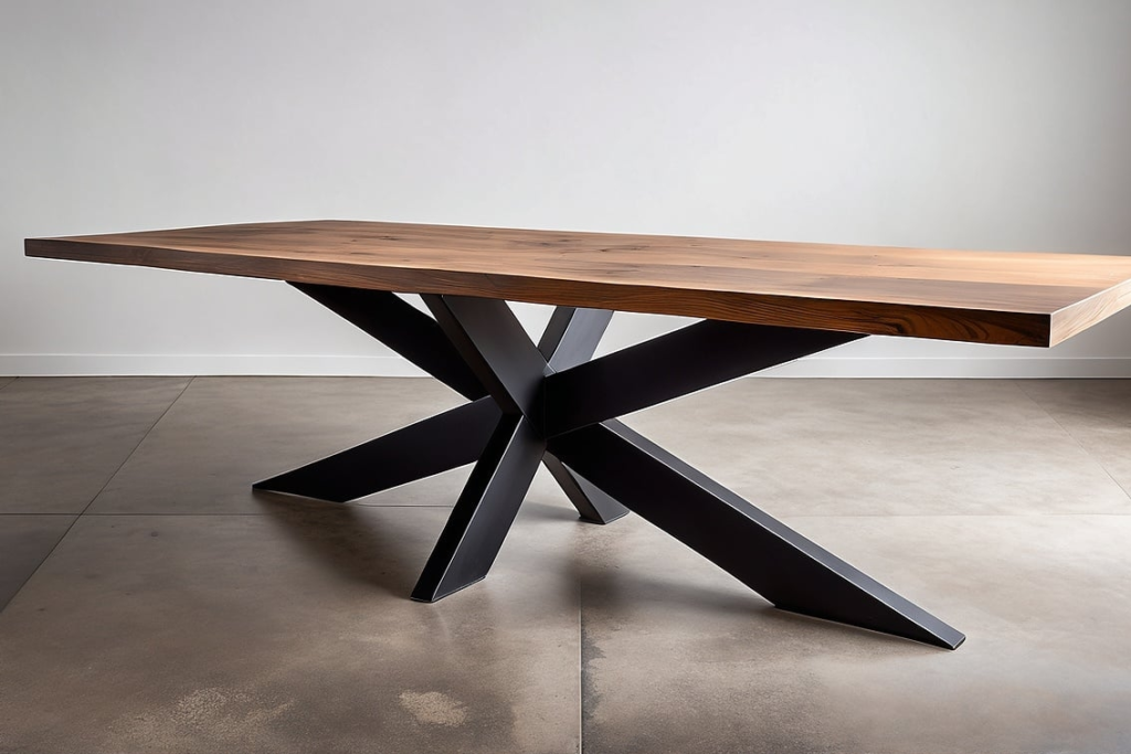 Handgjort exklusivt matbord i massivt trä med robust underrede. Brunbetsad träskiva med naturliga ådringar och bordsbenen är svartbetsade i en unik, geometrisk design. Perfekt konstruktion av matbord där man har gott om plats för benen.