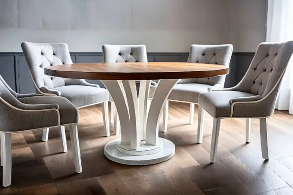 Ett vackert och stilrent matbord i massivt trä, med vackert utformade bågar i underredet. Finns två olika modeller av underrede, de här runda plattorna som fot och även en fot som liknar ett kryss. Modellen heter Sarek - från Nordanlids Rustik.