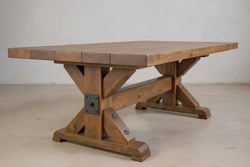 Handgjort matbord i massivt trä från Nordanlids Rustik. Ett matbord med pondus och attityd i lantlig och tidlös design. Svarta metallbeslag och en robust konstruktion som är tillverkat för att hålla i många generationer. Handgjord möbel och modellen heter Kebnekaise Ranch.